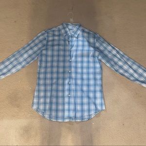 White and blue plaid mens button down